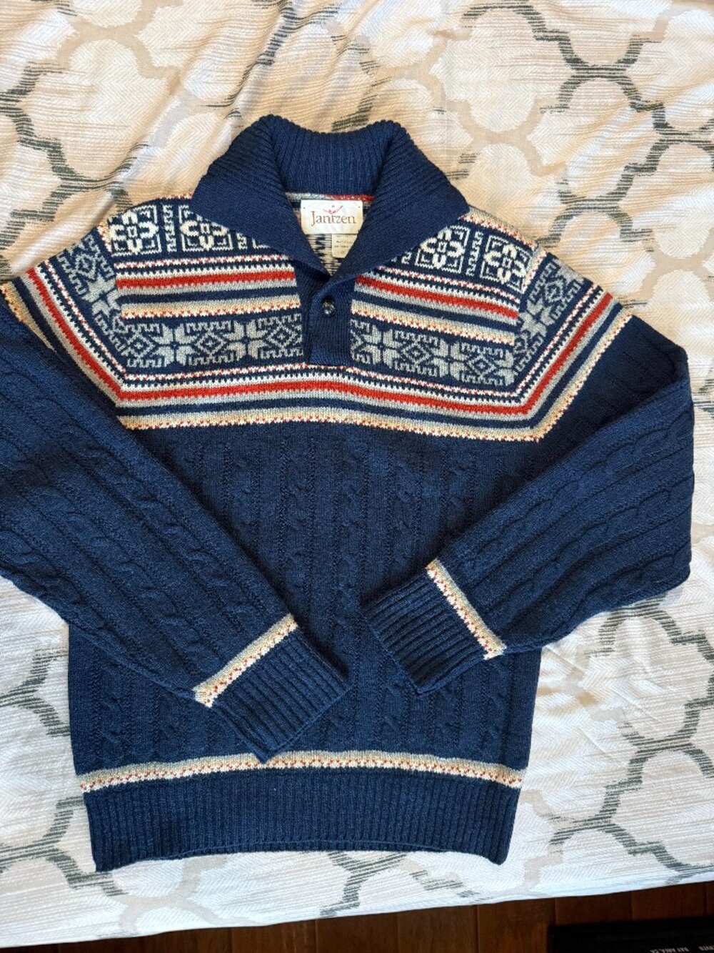 Jantzen Nordic Fair Isle Cable Knit Shawl Sweater Navy